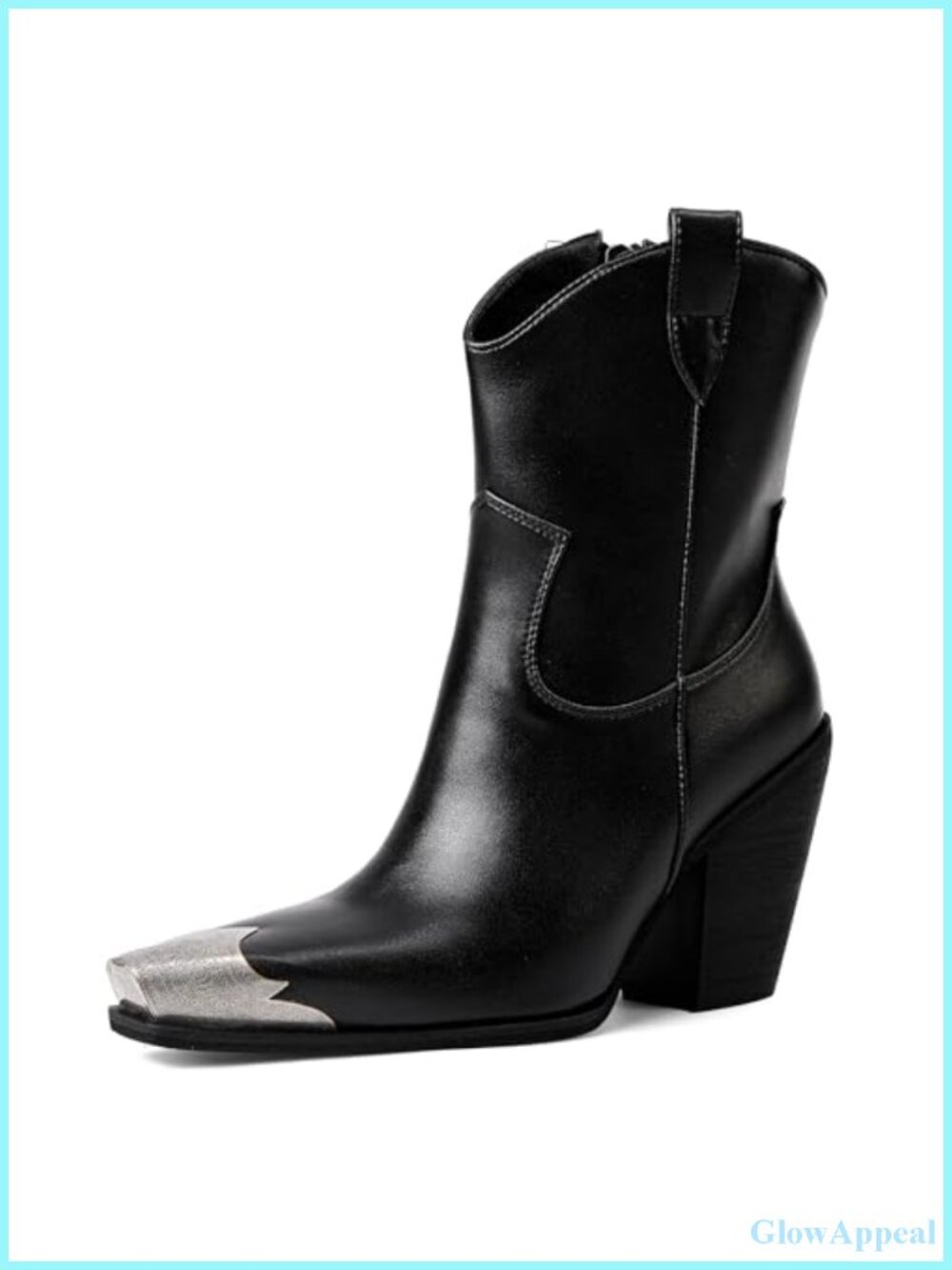 Engraved Steel Toe Faux Leather Cowboy Ankle Boots Stacked Block Heel Western